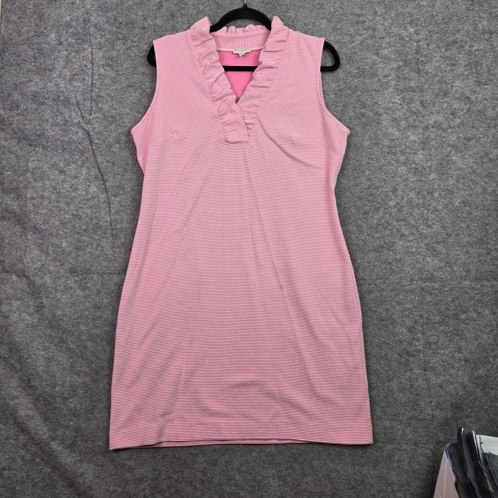 Talbots Pink White Striped Ruffle Neck Sleeveless Sheath Dress Size 12